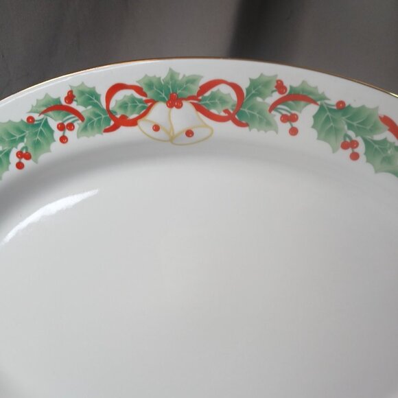 Sango Christmas Holly Serving Platter 8415 Bells Gold Rim 14 Inch Vintage 90s - Picture 2 of 5